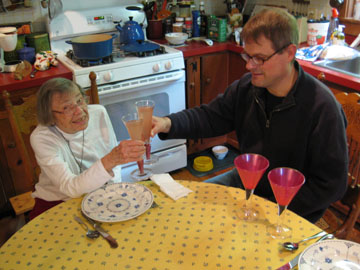 Mother Jan and Neighbor Ken raise their glasses to (and of) rhubarb.